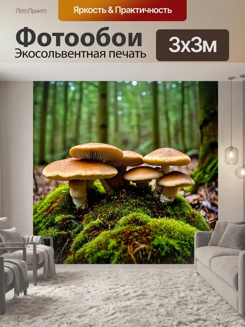 Фотообои лес с бурым мхом и большими коралловыми грибами