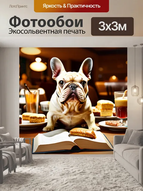 Фотообои французский бульдог, сидящий в уютном кафе с книгой на столе, вокруг него – разнообразные десерты и напитки