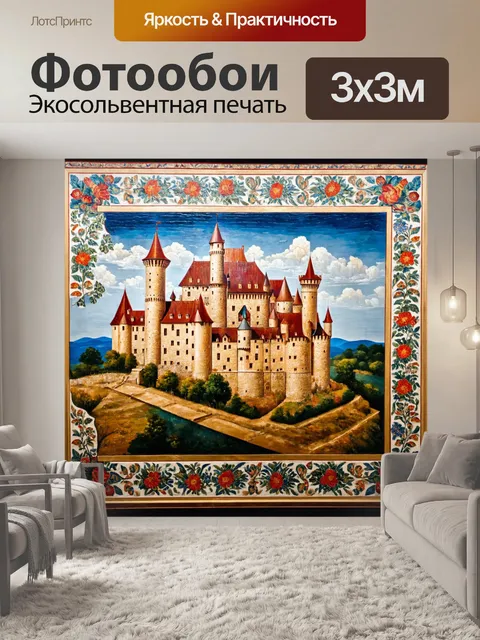 Фотообои паттерн, средневековые замки в ландшафте, выполненные в технике каллиграфии и старинной живописи
