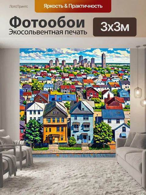 Фотообои город в стиле уинслоу гомер, с типичной для маленького городка атмосферой и домами в разных стилях