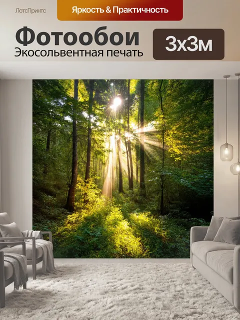 Фотообои лес с солнечными зайчиками, пробивающимися сквозь листву