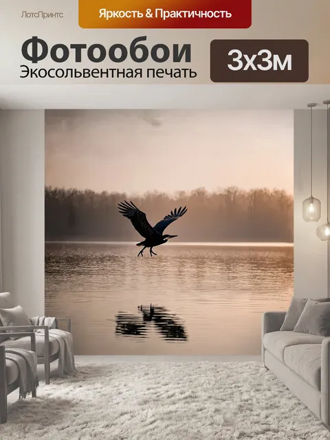 Фотообои баклан, величественно парящий над водной гладью озера, окруженный туманным рассветом, снятый в стиле…