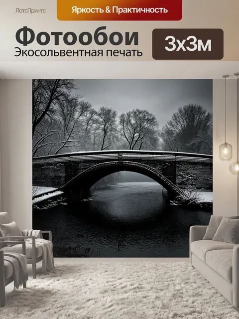 Фотообои ночь в стиле черно-белый, старый мост через реку, покрытый инеем, ночь, полная тишины