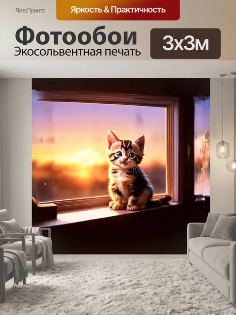 Фотообои в тёплом свете заката, маленький котенок сидит на подоконнике, его глаза полны мечты и надежды