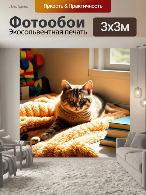 Фотообои милейшая кошка лежит на теплом одеяле рядом с книгами в солнечном уголке уютной комнаты