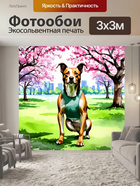 Фотообои смешной пёс, делающий зарядку на утренней пробежке по парку