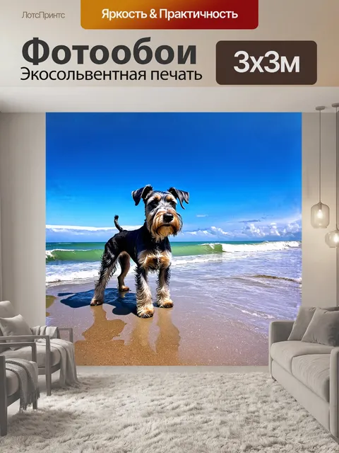 Фотообои шнауцер, стоящий на берегу моря, где волны нежно омывают песок
