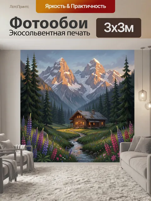 Фотообои Горный домик в еловом лесу
