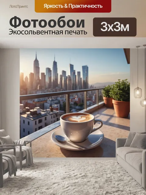 Фотообои город в стиле гиперреализм, утренний кофе на террасе с видом на городской пейзаж, начало нового дня