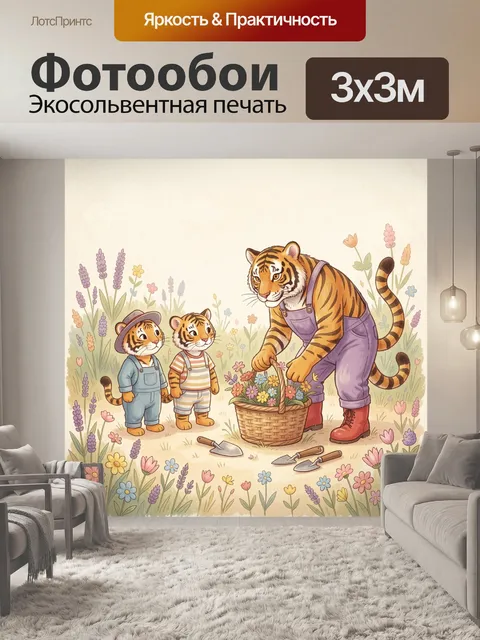Фотообои Семья тигров собирает цветы