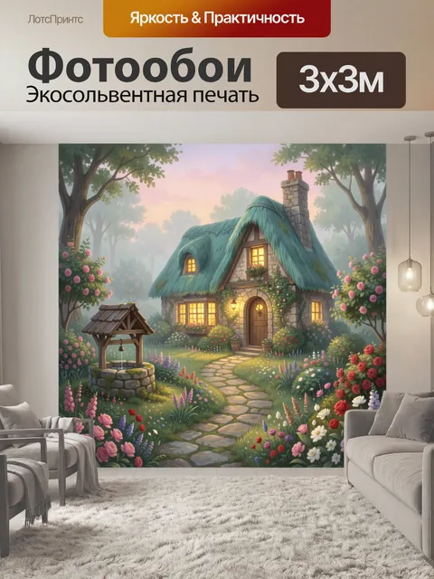 Фотообои Сказочный домик в цветущем саду