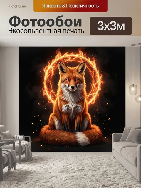 Фотообои Огненная лиса на черном фоне