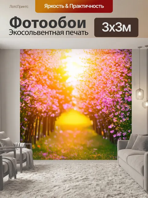 Фотообои рассвет над цветущей аллеей, где свет играет на цветах
