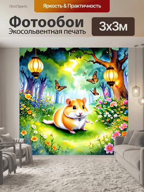 Фотообои сказочный мир, где золотой хомяк исследует волшебный лес, окружённый яркими цветами и необычными растениями…