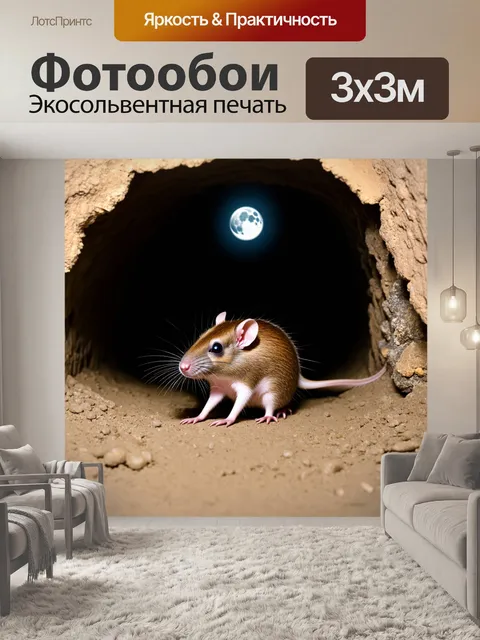 Фотообои картинка о том, как крыса осторожно пробирается через подземные туннели, где свет луны проникает в их убежище