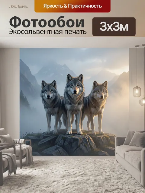 Фотообои Три волка в горном тумане