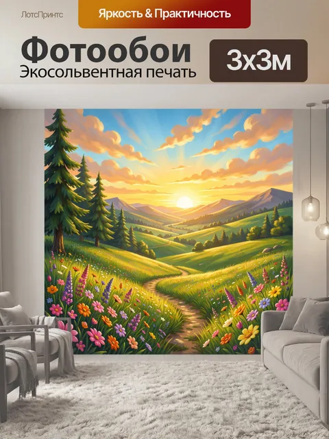 Фотообои Горная долина с цветами на рассвете