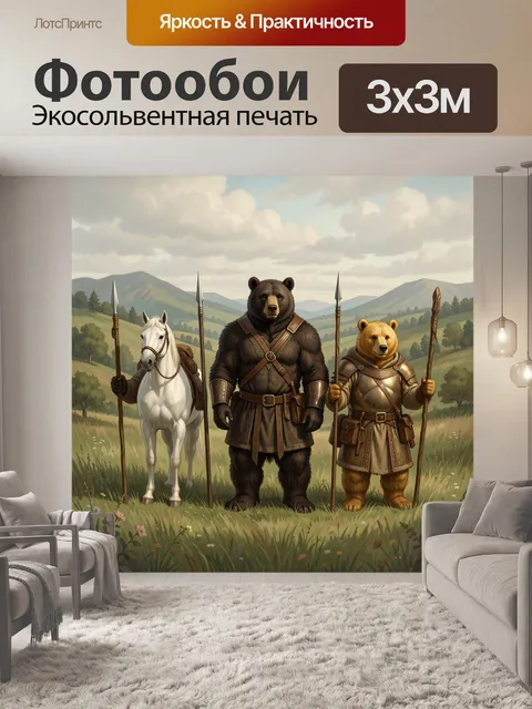 Фотообои Медведи и лошадь в поле
