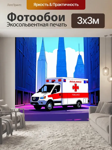 Фотообои скорая помощь, стоящая на фоне небоскребов с ярким красным логотипом, выполненная в стиле цифровой живописи…