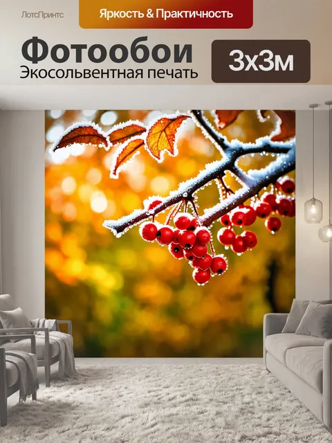Фотообои вспененная рябина, покрытая утренней росой, ярко красными ягодами