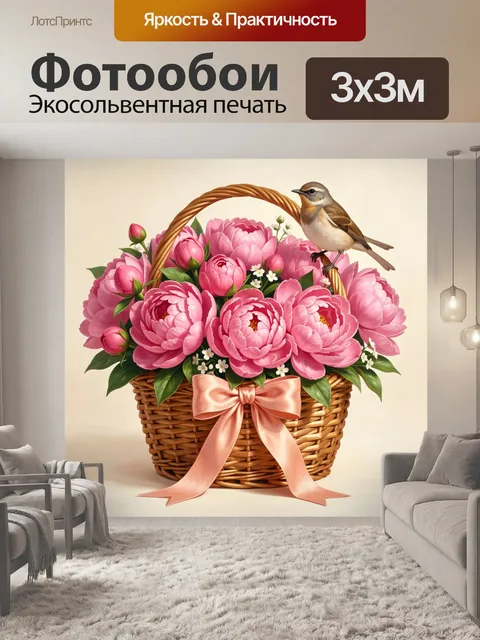 Фотообои Корзина с розовыми пионами и птицей