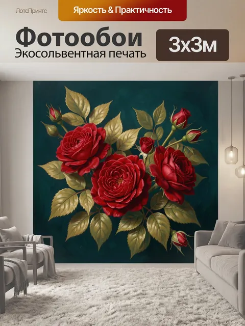 Фотообои Красные розы с золотистыми листьями