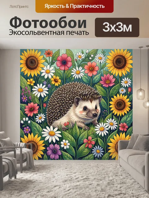Фотообои Ёжик среди цветущего луга