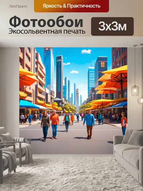 Фотообои город в стиле полигональный с жизнерадостными людьми на улицах