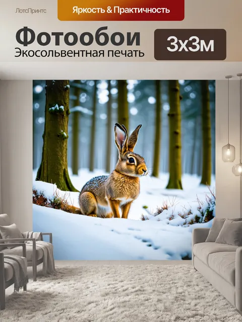 Фотообои заяц в зимнем лесу среди снежных деревьев