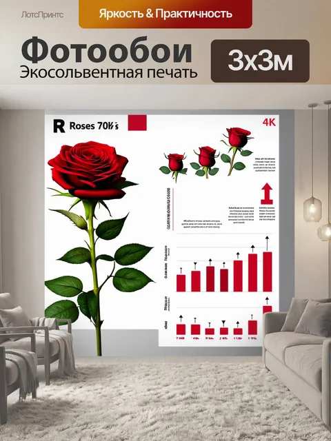 Фотообои розы в стиле инфографический рисунок, диаграммы и стрелки, показывающие рост и развитие роз