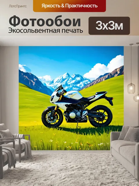Фотообои мотоцикл на фоне альпийского пейзажа с зелеными лужайками и снежными вершинами