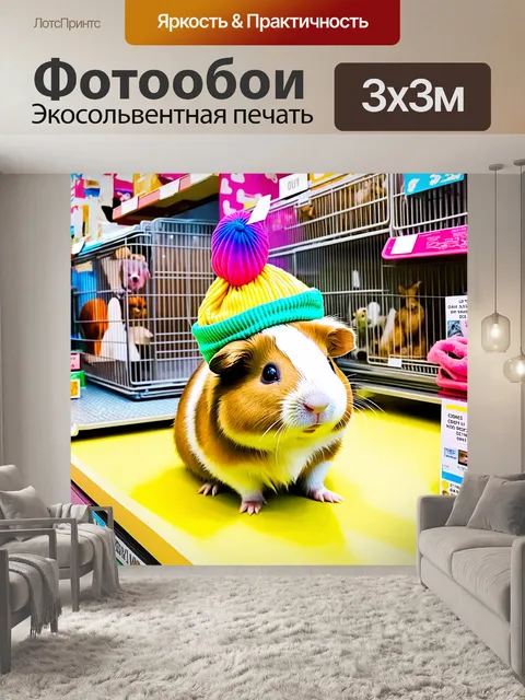 Фотообои милая морская свинка с яркой шапочкой сидит на прилавке зоомагазина, рассматривая покупателей с любопытством
