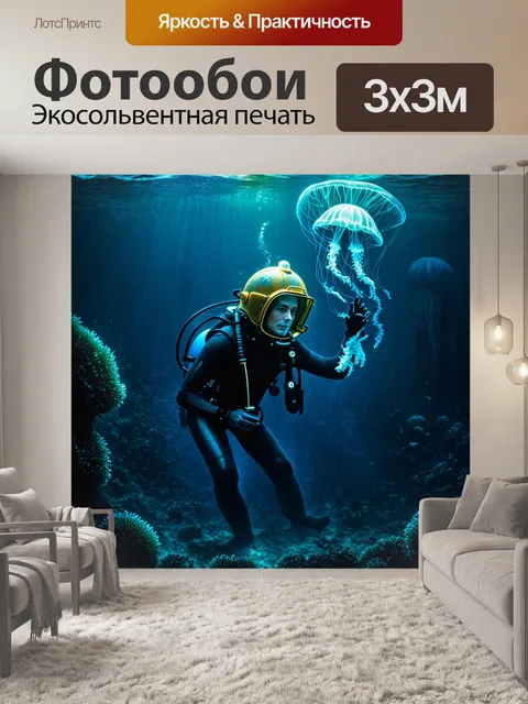 Фотообои ночь под водой: ныряльщик в винтажном шлеме исследует океанские глубины