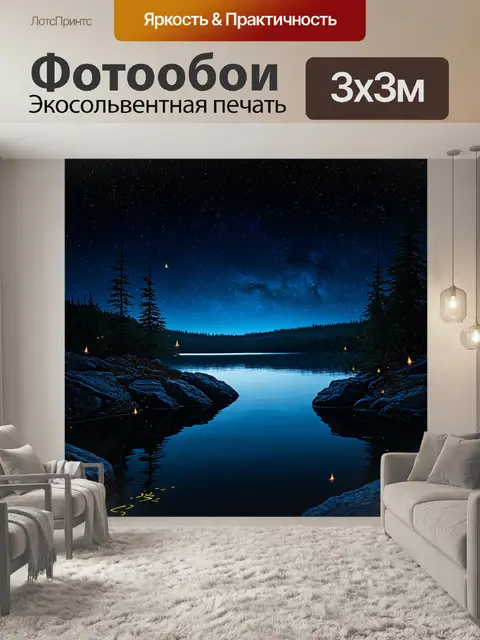 Фотообои темный фон, покой озера среди скал, звезды отражаются в воде, блестящие светлячки летают вокруг, тишина и…