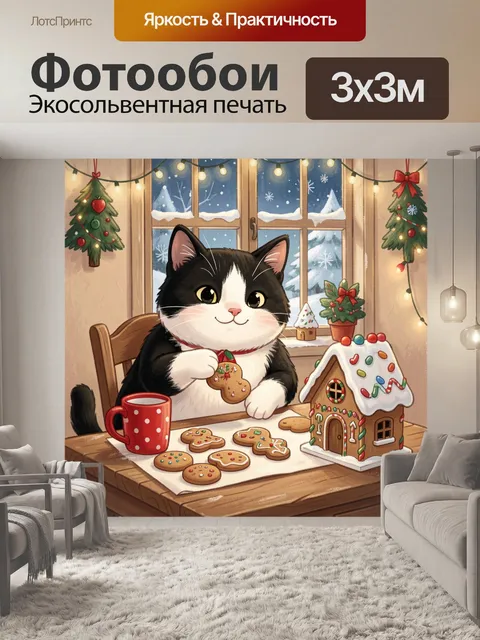 Фотообои Кот за рождественским столом