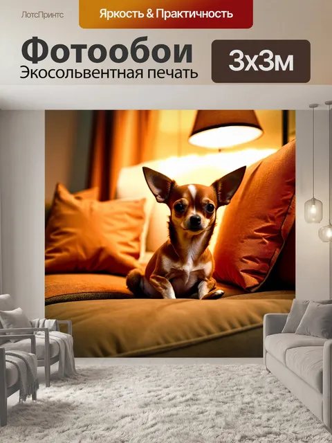 Фотообои чихуахуа, уютно сидящий на диване среди подушек, комната с теплой атмосферой, вечерний свет
