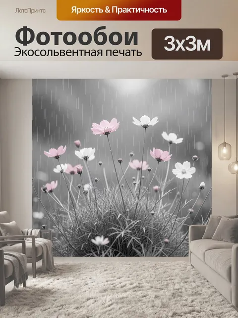 Фотообои Нежные космеи под дождем