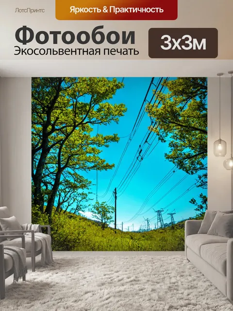 Фотообои техногенный пейзаж, где природа и технологии переплетаются через электрические линии и провода, окруженные…