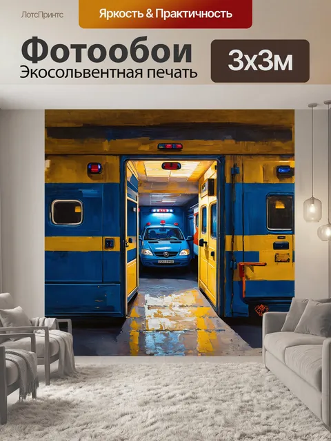 Фотообои вялая атмосфера, скорая помощь в сумерках, вид изнутри через открытую дверь, тревожные синие и жёлтые цвета…