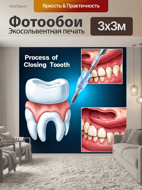 Фотообои процесс закрытия зуба под микроскопом, с детальным рассмотрением зубной эмали и специального инструмента