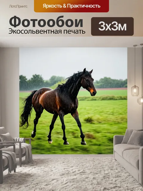 Фотообои лошадь, скачущая по широкому полю во время весеннего дождя