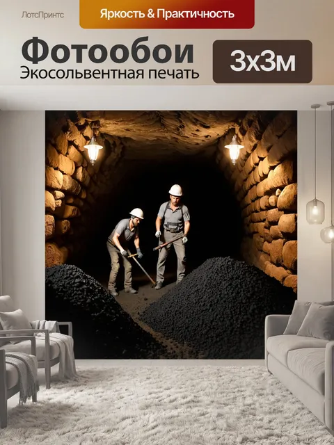Фотообои горняки, работающие в глубокой шахте, окружённые мускулистыми стенами камня, освещенные тусклым светом ламп