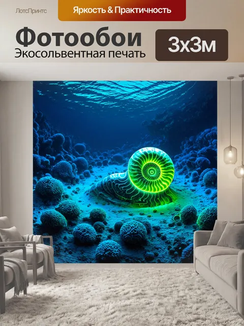 Фотообои ночные глубины океана, где светящиеся околофосфорные организмы освещают окаменелости аммонитов, лежащие на дне
