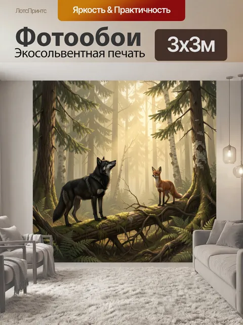 Фотообои Волк и лиса в лесу