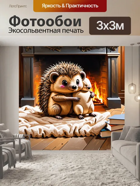 Фотообои ежик, обнимающий своего плюшевого друга, сидит у камина, окружённый мягкими пледами и книгами, создавая…