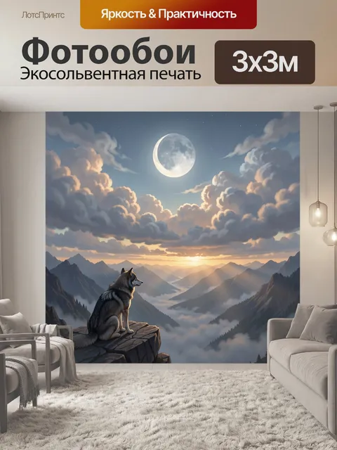 Фотообои Волк на скале под луной