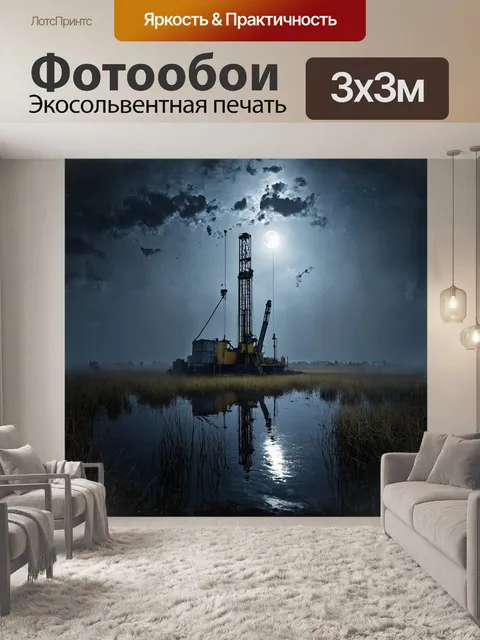 Фотообои в центре изображения возвышается массивная буровая установка