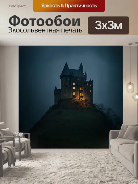 Фотообои темный фон, старинный замок на холме, окруженный мраком и туманом, светящиеся окна