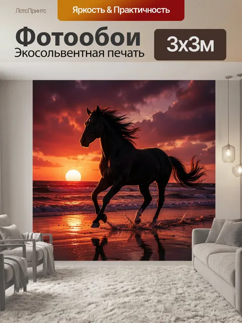 Фотообои Чёрный конь на закате у моря