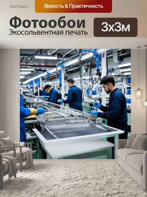 Фотообои производственный цех с конвейерной лентой и работниками, занимающимися сборкой